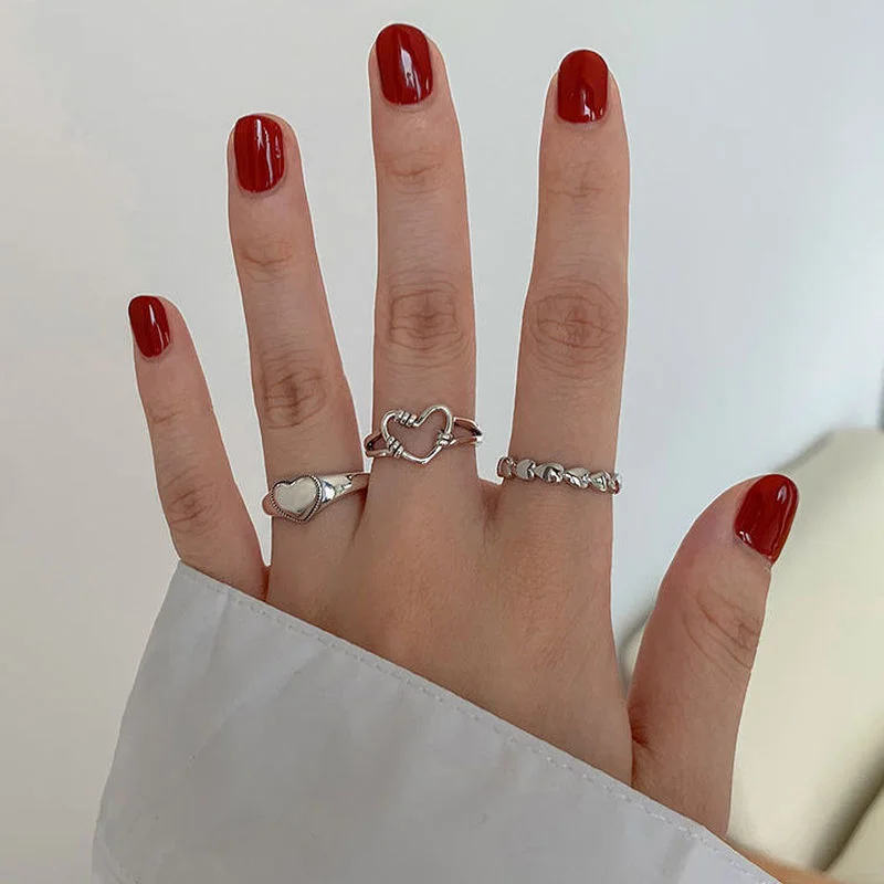 

Retro Silver Color Love Heart Hollow Open Ring Female INS Trendy Sweet Sexy Elegant Handmade Hip-hop Fashion Ring Adjustable