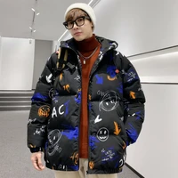 Hip Hop Print Puffer Jacket Men Japanese Loose Parkas Warm Stand Collar Puffer Outwear Male Winter Thick Padded Jacket Teenager