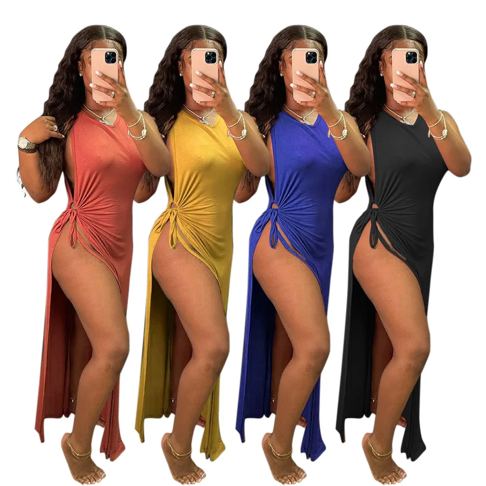 

A6729 Wholesale Items Solid Color Slip Dress Sexy Condole Belt 2021 Women Clothing Dress Draw Rope Sling In Summer