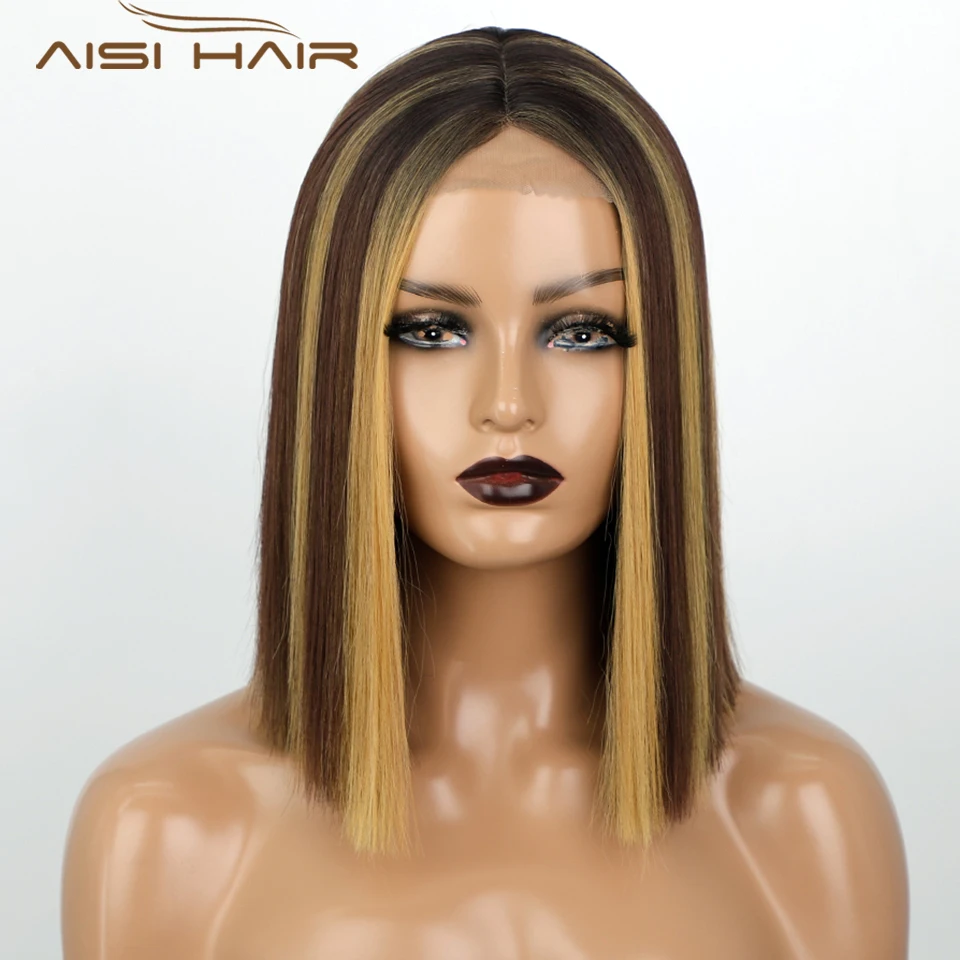 

AISI HAIR Synthetic Straight Bob Wig Highlight Wig For Black Women Middle Part Nature Honey Blonde Brown Ombre Daily Use Hairs