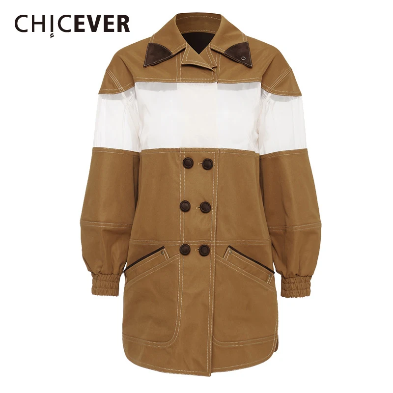 

CHICEVER Casual Coats For Women Lapel Lantern Long Sleeve Pockets Patchwork Hit Color Chic Style Loose Jackets Female 2021 Fall