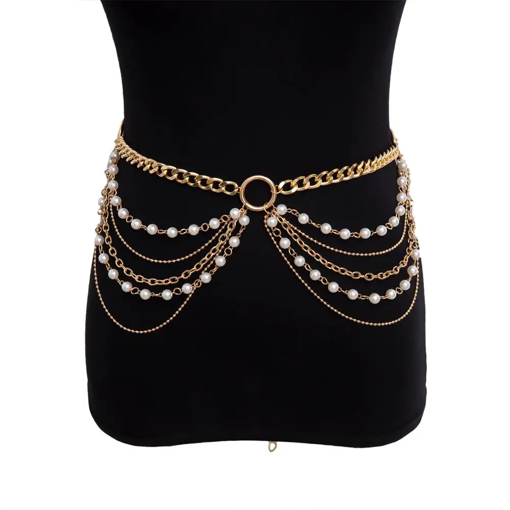 

SHIXIN Designer Layered Chain Belts for Women Gold Color Metal Pearl Waist Chain Jewelry Trendy Female Dress Accessories Gifts