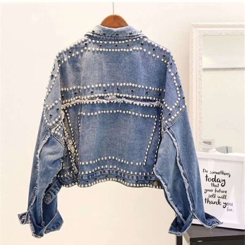 2021 New Autumn Women Denim Jacket Heavy industry Rivet Beaded Jeans Coats Long Sleeve Casual Female Loose Outwear Plus Size | Женская