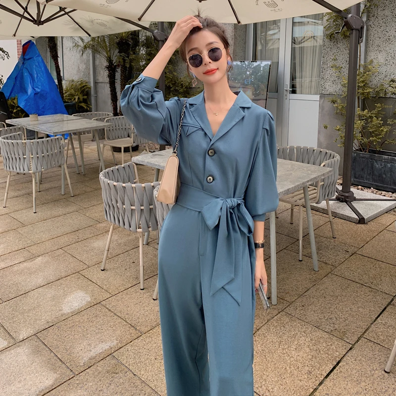 

Women Long Sleeve Elegant Chic Suit Jumpsuit Loose Casual Wide Leg One Piece Pants Office Lady Bandage Trouser Romper Overalls