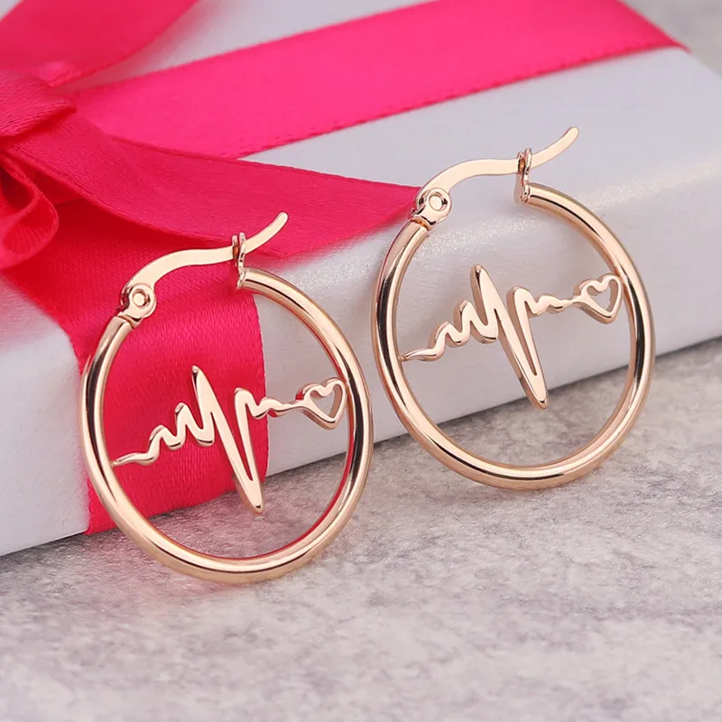

Fashion Round Electrocardiogram Earrings Stainless Steel European Style Geometric Stud Ear Jewelry Party Gifts For Women Girls