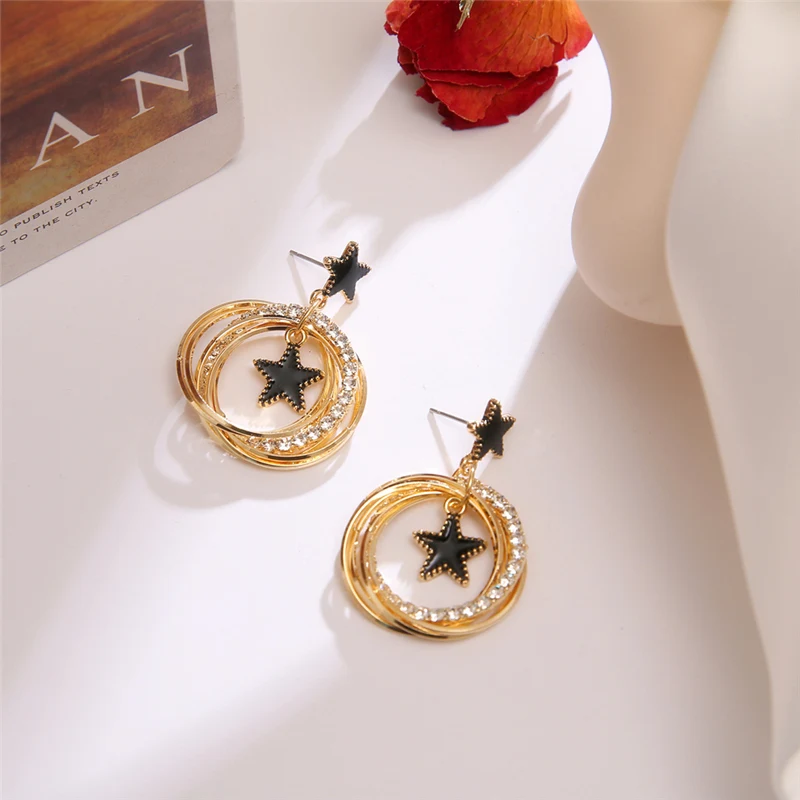 Модные Золотые круглые серьги с кристаллами для женщин Простые Черные