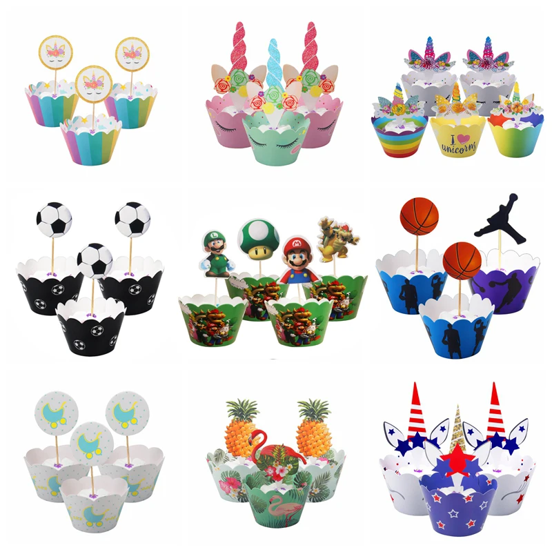 

12set Baby Shower Kids Favors Unicorn Fish Football Decoration Cake Cupcake Paper Wrappers Toppers Happy Birthday Party Supplies