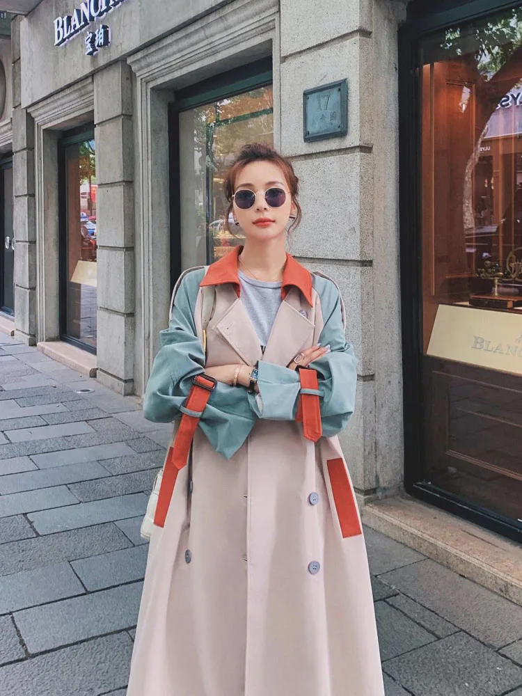 

2020 Autumn Ladies Windbreaker Fashion British Style Mid-length Loose Korean Chic Coat Jacket Double Breasted Overcoat Women