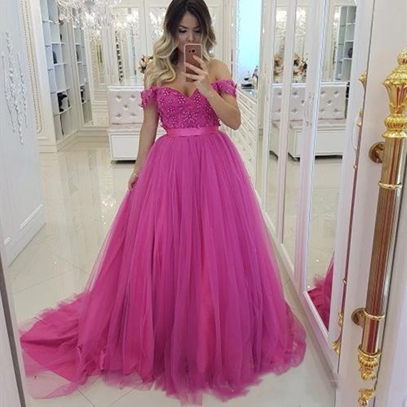 

HotPink Fushcia Wedding Dresses Pearls Top Tulle A Line Off the Shouder Colorful Bridal Gowns 2021 Spring vestido de noiva