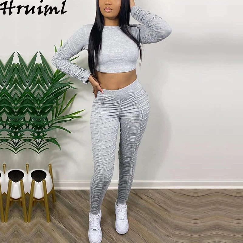 

Fashion Two Piece Outfits for Women Sets Autumn Casual Tracksuit Ruched Long Sleeve Crop Top Stacked Pants Set Solid Sportswear