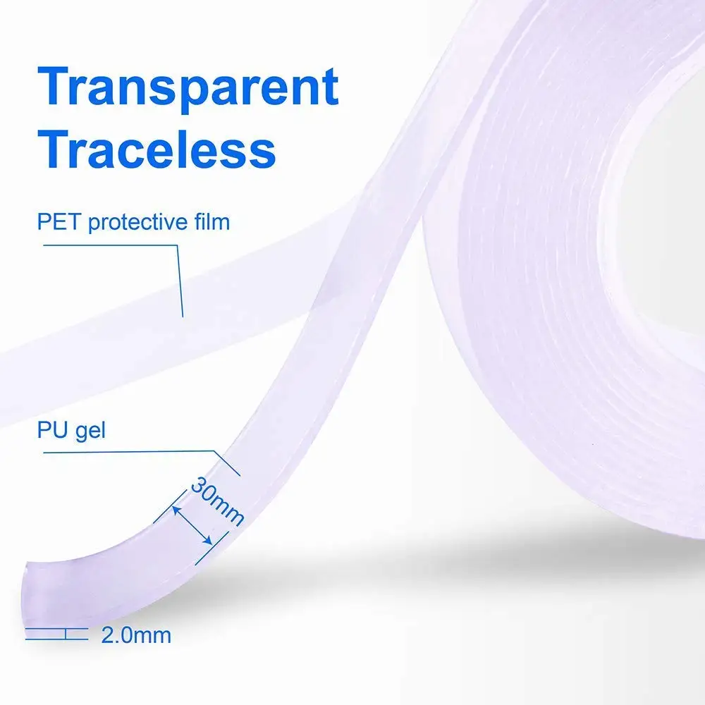 3.2/9.8/ 16.4 FT Washable Adhesive Tape Reusable Clear Double Sided Anti-Slip Nano Gel Pads Mat Removable Sticky Strips Grip