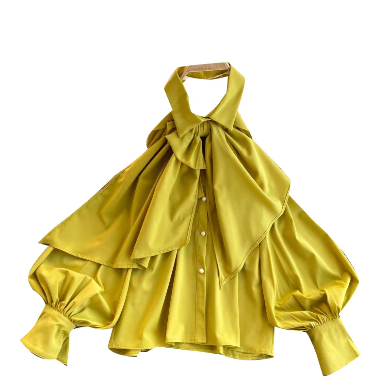 

luxury socialite tops 2020 new female design feeling small hang neck backless shirt all female hubble-bubble sleeve