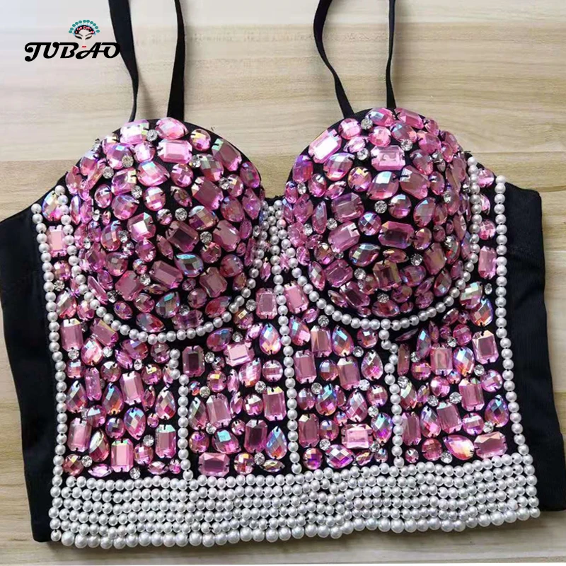 crop top sparkly pink rhinestone Beaded Underwear bustier top spaghetti strap sexy Bras for Women corset tops Dinner party club