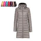 Женская зимсветильник длинная куртка на белом утином пуху, с капюшоном