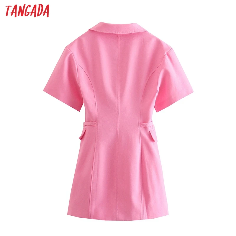 

Tangada 2021 Autumn Fashion Women Pink Blazer Dress With Belt Short Sleeve Casual Ladies Mini Dress JE126