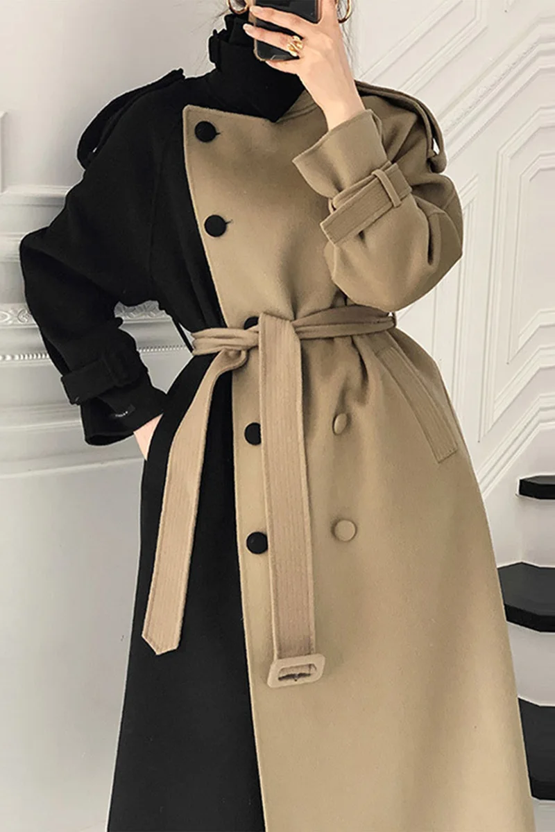 

SuperAen Autumn Winter French Turtleneck Bump Color Patchwork Double Breasted Lace Up Waist Trench Coat for Women