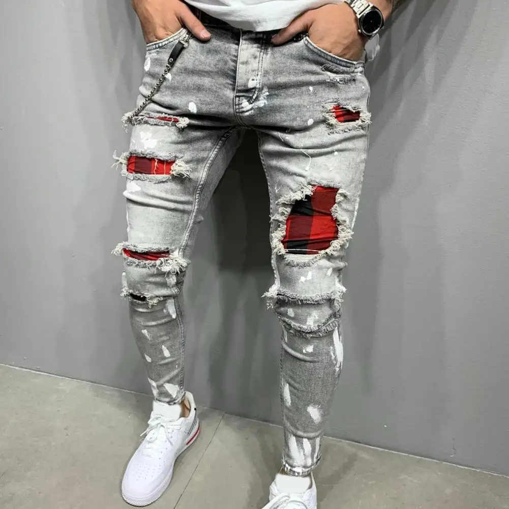 

Jeans Fashion Men Solid Color Patchwork Skinny Fit Ripped Jeans Stretch Denim Pants Streetwear Pants 2021 Men Clothing
