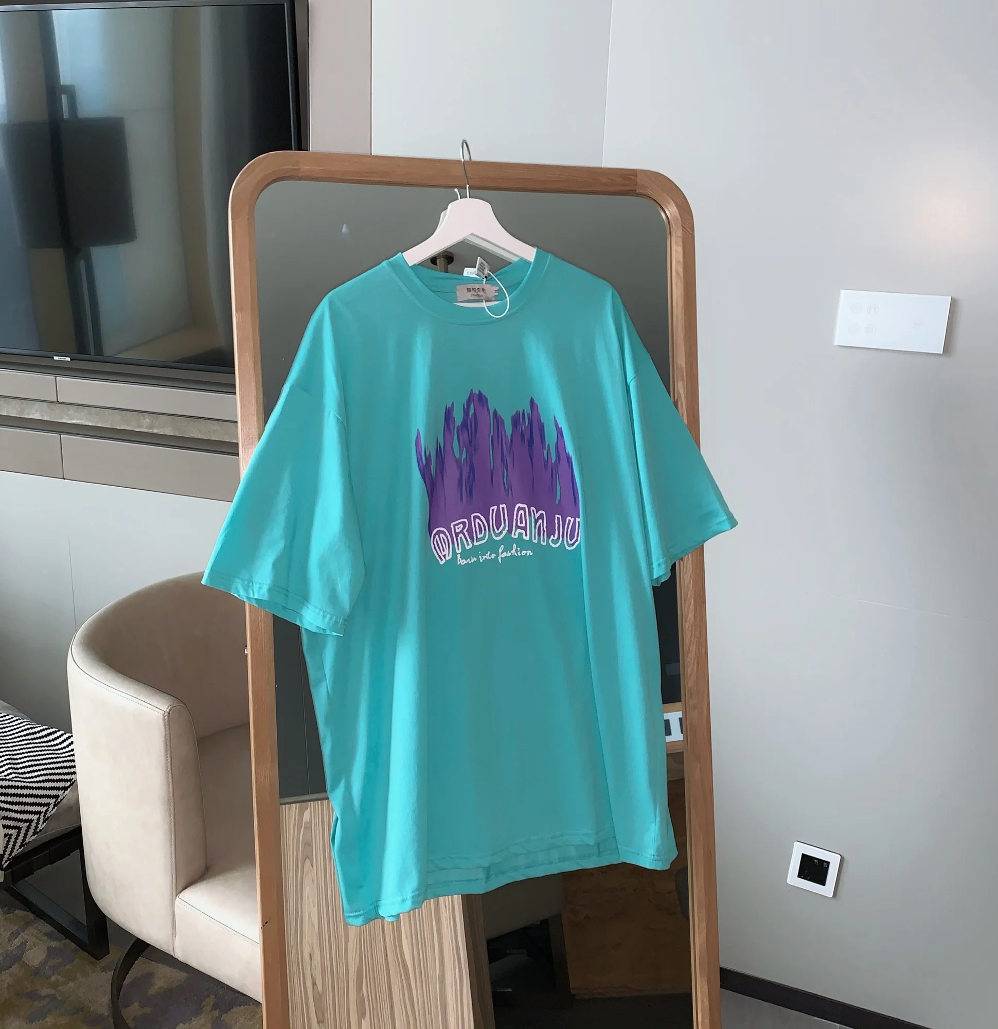 

IEFB Summer Short T-shirt Men's Letter Printing Loose Fashion High Street Round Neck Half Sleeve Blue White Ins Trends 9D0242