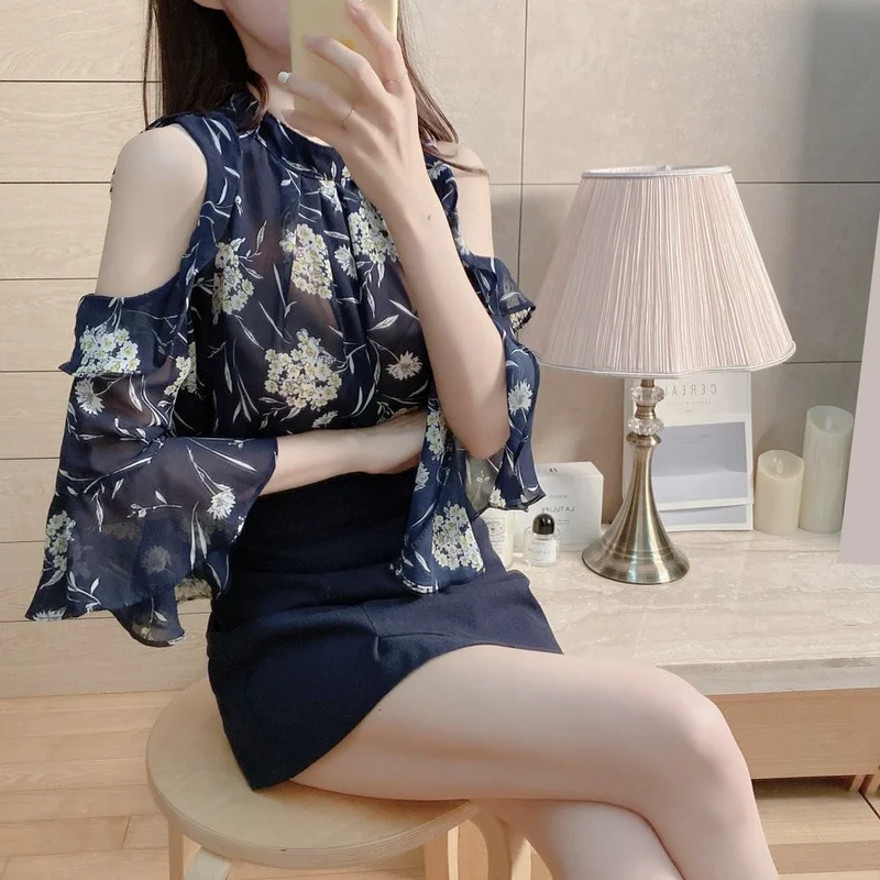 Шифоновая Блузка Рубашки женские топы корейский стиль дизайн фиолетовый черный