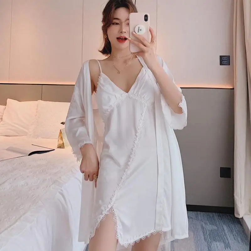 

White Robe Set Nighty Women Spring Summer Sleepwear Nightgown Sexy Nightwear Satin Bathrobe V-Neck Nightdress Lady Negligee