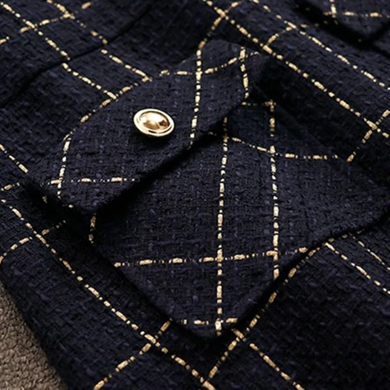 

Blue Plaid Tweed Wool Short Jacket + Sleeveless Vest Dress Suit 2020 Winter Women's Bow Pocket Jacket Set Ladies 2-Piece Dress