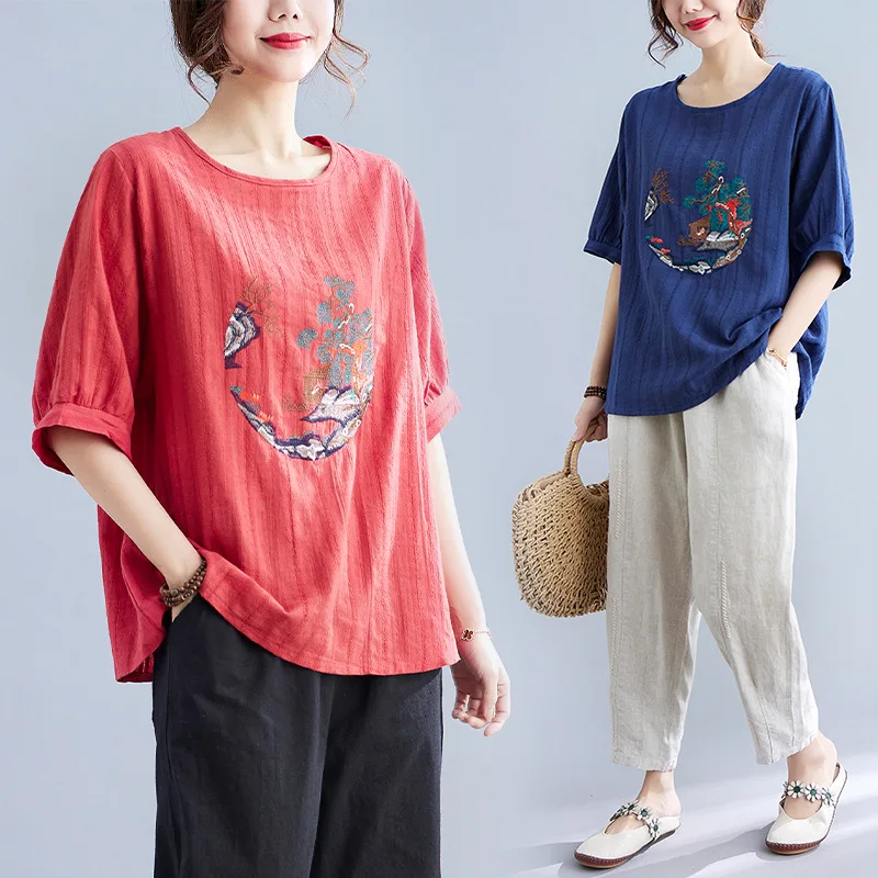 

2021 New Chinese Style Fashion Clothes for Women Cheongsam Top Elegant Retro Casual Cotton Linen Embroidery Tshirts Female
