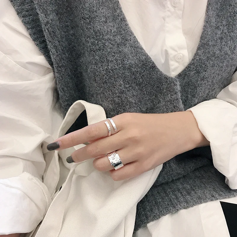 

YPAY 100% Authentic 925 Sterling Silver Adjustable Rings for Women Korea Irregular Rock Open Ring Bague Fine Jewelry YMR994