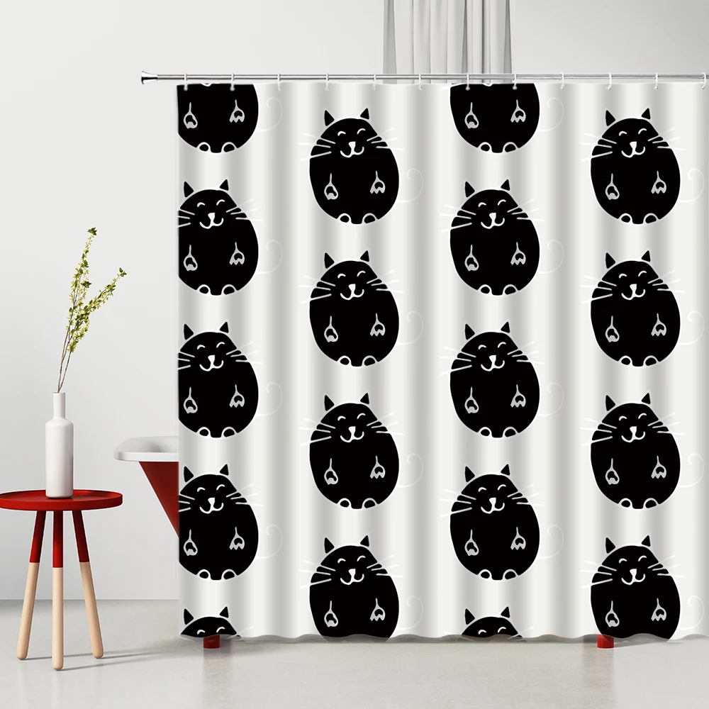 

Shower Curtain Black And White Lovely Cartoons Cat Printing Child Polyester Fabric Bathtub Decoration With Hooks Hanging Curtain