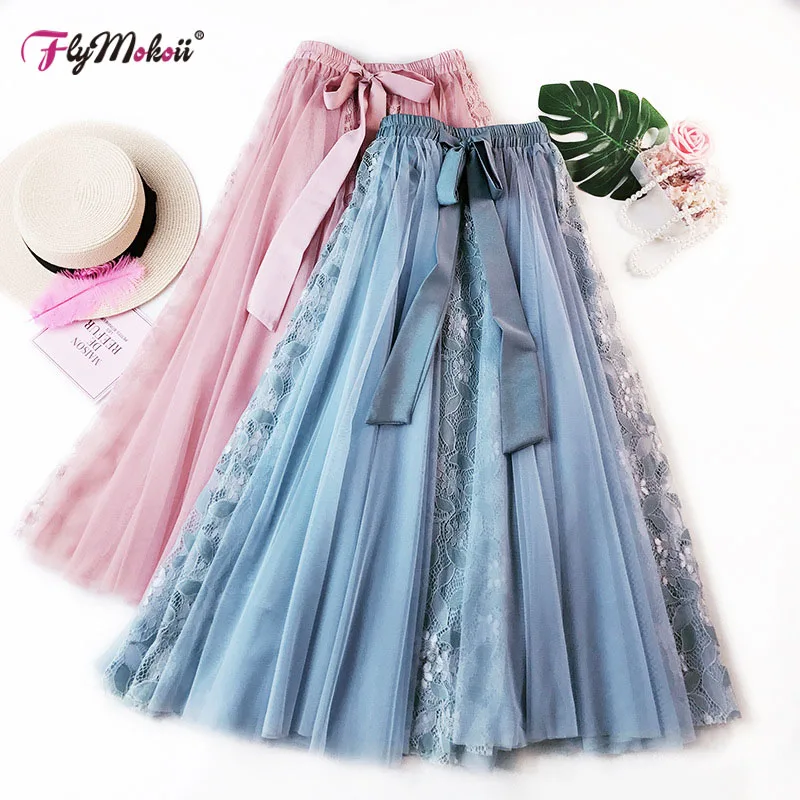 Элегантная длинная сетчатая юбка с бантом в Корейском стиле Женская эластичная