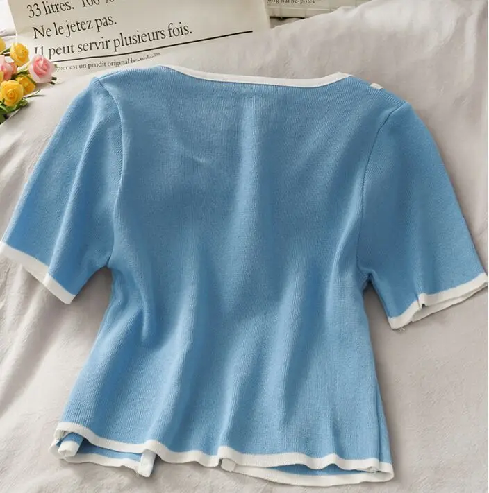 

PADEGAO O-neck Short Sleeve Cropped Sweater Shirts Women's Buttons Patchwork Vintage Thin Sweater Pullover Crop Tops PDG1746