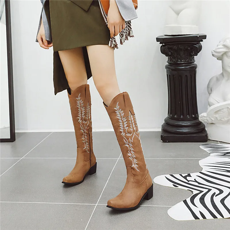 

ASUMER 2020 new arrival knee high boots women embroider round toe square heel casual shoes fashion european western boots woman