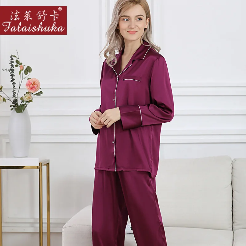 19 momme New genuine silk pajamas sets women sexy purple sleepwear Korean Elegant simple pure color silk womens pyjamas T8263