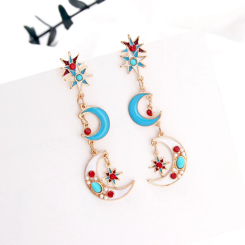 Женские винтажные серьги эмалированные длинные в стиле бохо золотые этническом