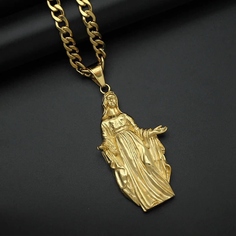 

Hip Hop Gold Color Stainless Steel Big Virgin Mary Pendants Necklaces for Men Rapper Jewelry with cuban chain Drop Shipping