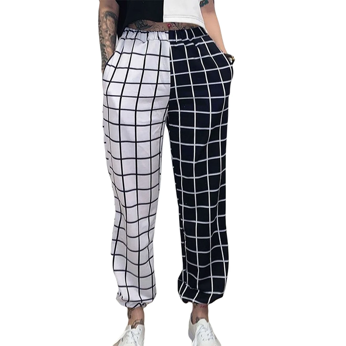 

Woman's Fashion Casual Black White Checkerboard Splicing Trousers Plaid Elastic Loose Long Pants