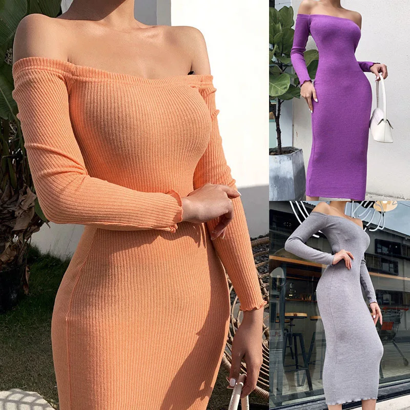 

WJFZQM Knitted Dresses Women Sexy Bodycon Party Dresses Autumn Winter Long Sleeve Off Shoulder Club Mid Purple Dress Vestidos