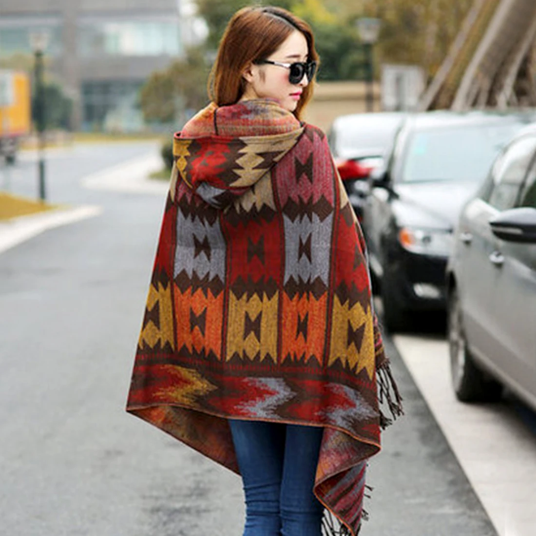 Women Stylish ethnic printed Hoodie Cape Poncho Acrylic Wool Shawl Scarf Fashion Girls Sweater Fringe Hooded Wraps #30 | Аксессуары для