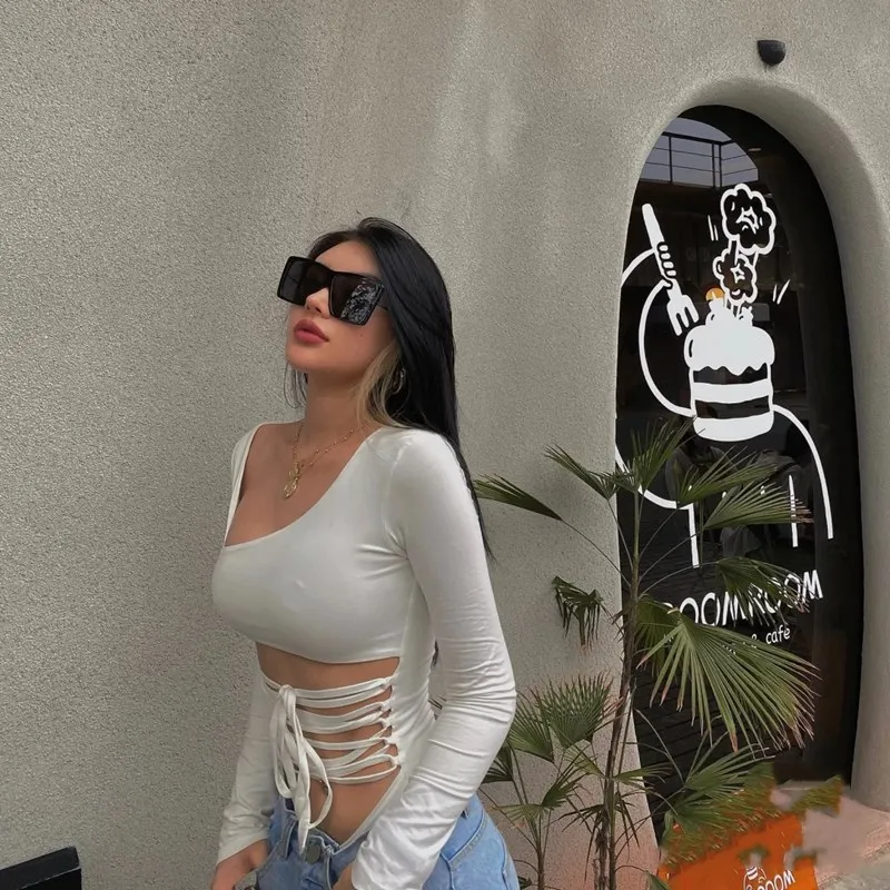 

Spring and autumn new long-sleeved T-shirt women's oblique shoulder strapless sexy top elastic tight design top fashion ins