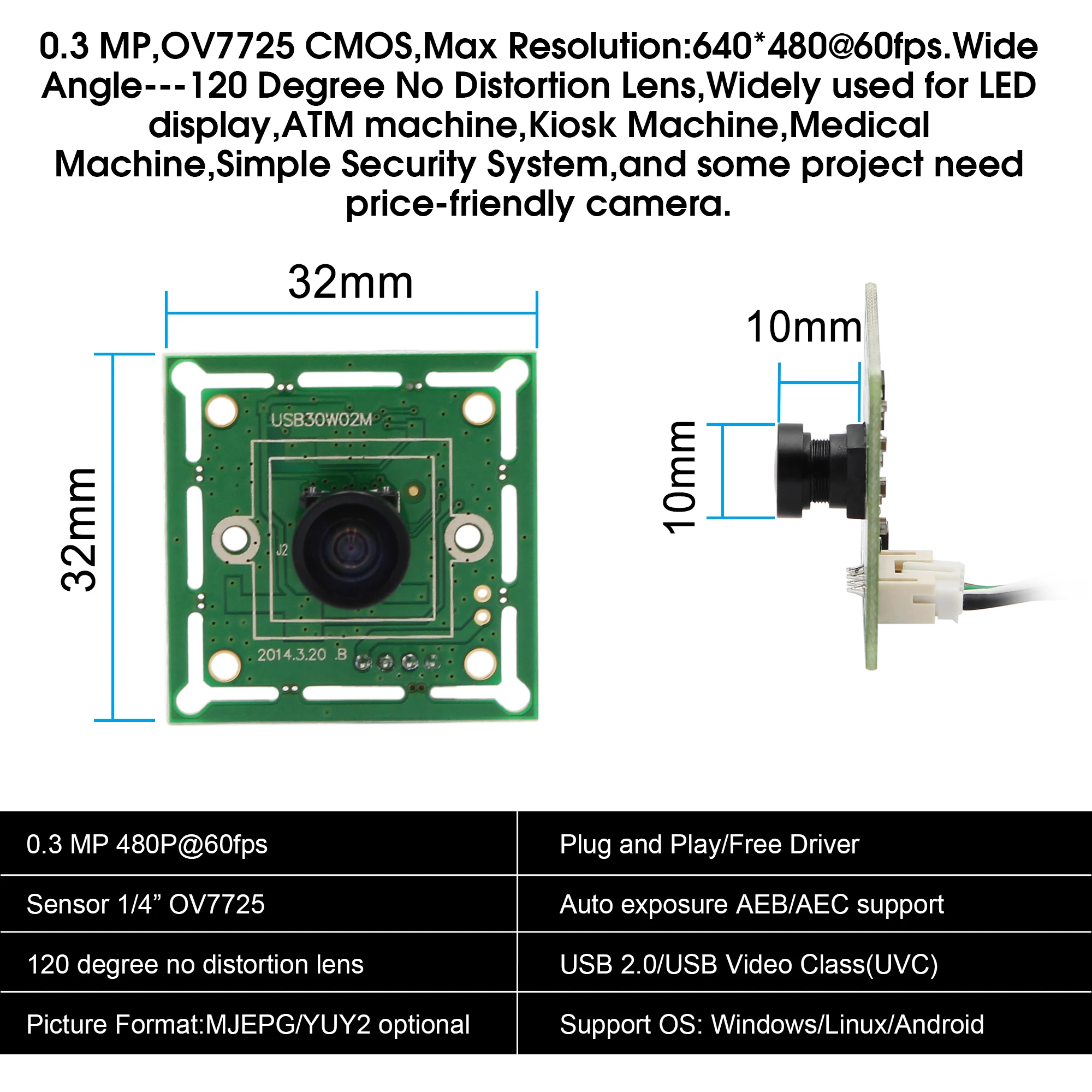 ELP 640*480 VGA USB2.0 OmniVision OV7725 цветной CMOS сенсор 32*32/26*26 мм мини usb модуль камеры с