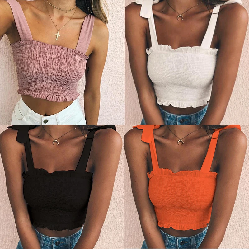 

Summer Beach Style Vest Breathable Simple Stylish Crop Tops Solid Color Sweet Sleeveless Soft T-Shirt For Women Girls
