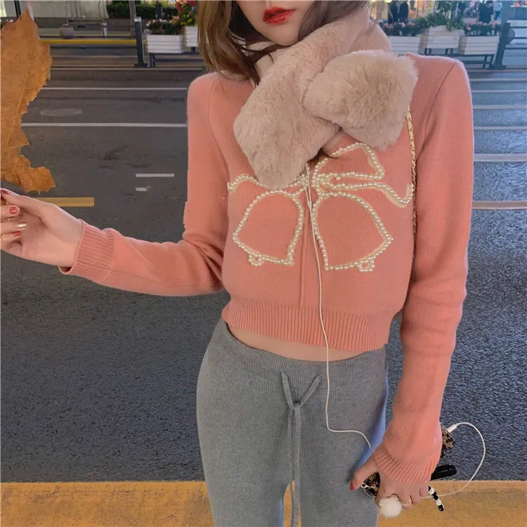 

2021 New Fashion Pearl Bow V Neck Pullover Jumpers Slim Fit Knitted Short Sweater Women Korean Style Femme Tops 4 Colors Y504