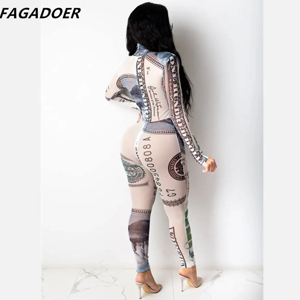 FAGADOER Dollar Print Bodycon Jumpsuit New Women Long Sleeve Playsuit Fashion Vintage Mesh Transparent Romper Night Club Clothes
