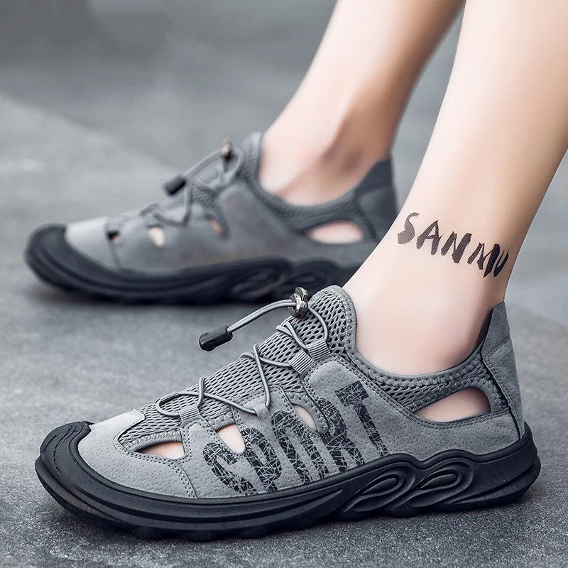 

Summer Men's Sandals Breathable Non-slippery Toe-cap Hiking Climbing Beach Summer Shoes for Men Leather Platform Male Footwear