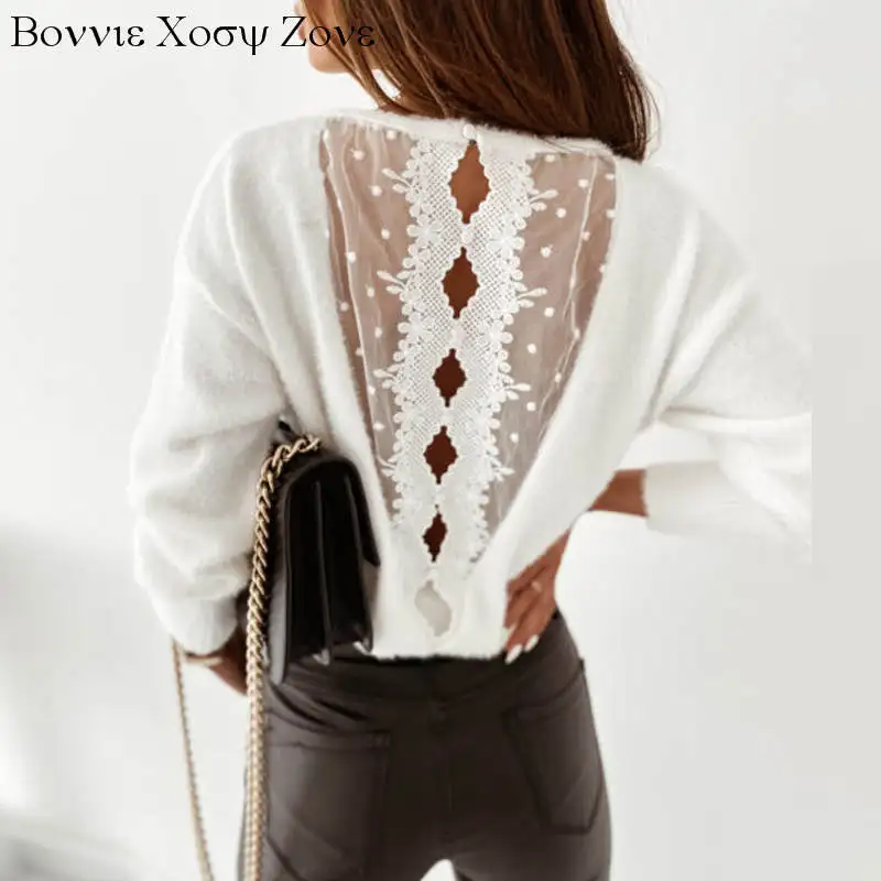 

Women Long Sleeve Autumn Solid White lace Patchwork Open Back Sweater