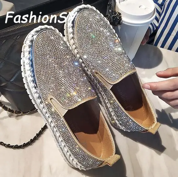 Новинка Лоферы Женская обувь Цвет Серебристый со стразами Повседневная на