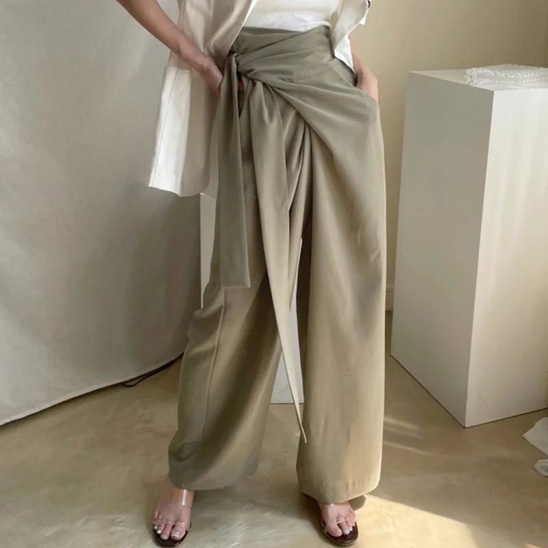 

Pants Women Korean Chic Temperament Versatile High Waist Side Tie Double Pocket Hanging Feeling Wide Leg Pants Women's Pants