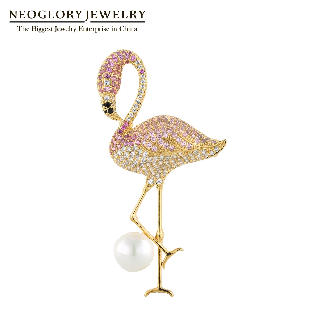 Neoglory Elegant Flamingo Bird Brooch For Women Shell Pearl &amp Cubic Zircon Golden Vivid Coat Pins Mother‘s Day Gifts | Украшения и