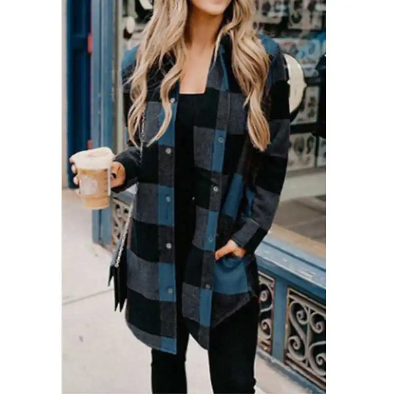 

CN975 Ladies Trench Coat Fashion Long Street Plaid Shirt Jacket Casual Long-Sleeved Slim Loose Windbreaker Jacket Women
