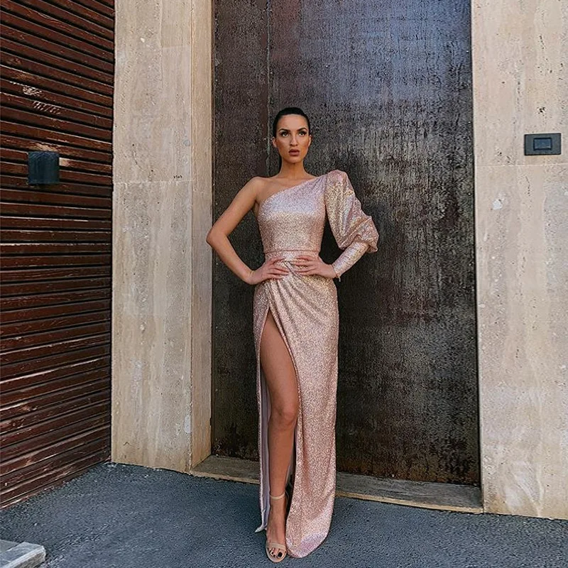 

Новинка 2019, женское платье в европейском и американском стиле, соблазнительное платье с открытым плечом и разрезом, длинная юбка