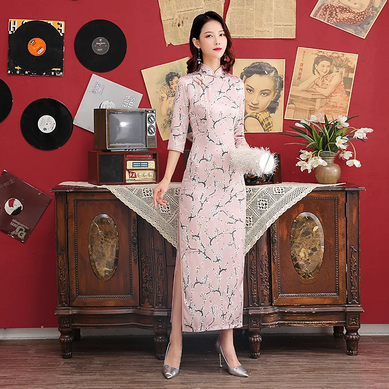 

Oversize 4XL Plum Printed Cheongsam Modern Long Female Silk Chinese Style Qipao Elegant Traditional Clothing Dress